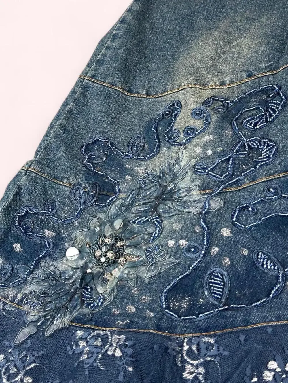 Deadstock Y2K beaded denim midi skirt with lace ruffle and floral embroidery - Picture 3 of 6